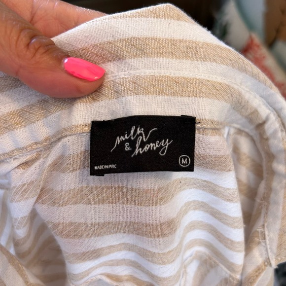 Milk & Honey Tan Cream Stripe Beach 100% Cotton Elastic Waist Romper Womens Med - Picture 3 of 10